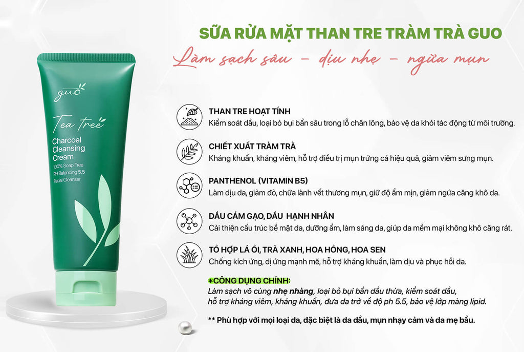 Sữa Rửa Mặt Cho Bà Bầu GUO Từ Than Tre Và Tràm Trà pH 5.5 100gr